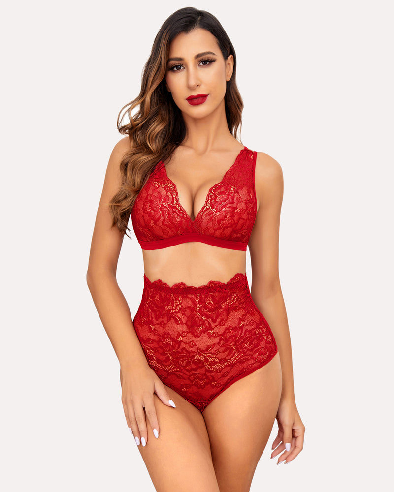 Red lace bra and high-waist panty set with V-neck cups