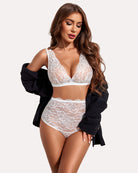 White lace bra and high-waist panty set with V-neck cups