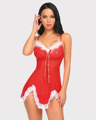 Red lace chemise on white background with white lace trim at hem and sides.