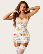 White lace full slip with multicolor floral print, lace cups, and garter belt