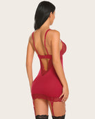 Dark red lace full slip with open back panel and garter belt straps