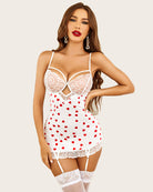 White lace full slip with garter belt, red heart print, underwired cups and garter straps