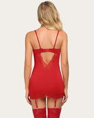 Red lace full slip with open back panel and garter belt leg straps