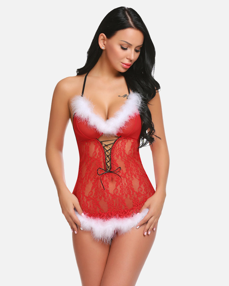 Red lace lingerie teddy with white fur trim and black ribbon lacing; front view.
