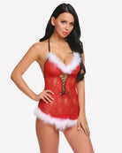 Red lace teddy with white faux-fur trim, V-neck, bow front and adjustable straps