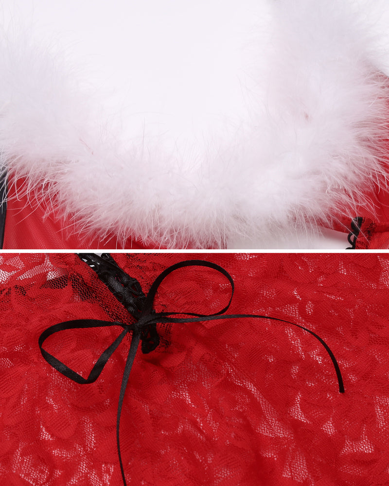 Red lace lingerie teddy detail with white fur trim and black bow ribbon.