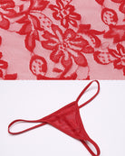 Red lace lingerie teddy detail with black string tie and floral lace pattern.