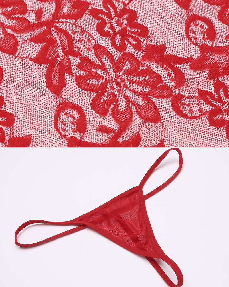 Red lace lingerie teddy detail with black string tie and floral lace pattern.