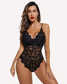 Black deep V lace teddy bodysuit with scalloped underbust and sheer floral panels