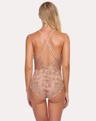 Taupe lace teddy bodysuit back view with crossed shoulder straps