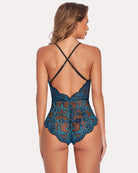 Teal blue lace teddy bodysuit back view with crisscross straps and scallops