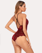 Red lace teddy bodysuit back view with crisscross straps and sheer lace