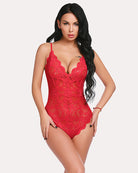 Deep V lace bodysuit, vivid red with scalloped lace trim
