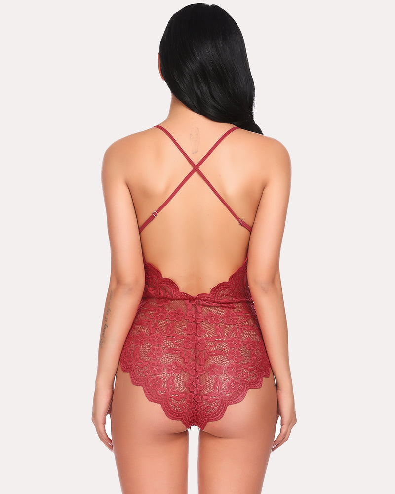 Deep red lace teddy with crisscross back straps and scalloped lace leg hem