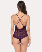 Purple lace teddy with crisscross back straps and scalloped lace leg hem
