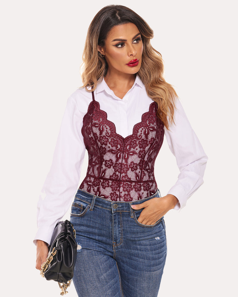 Deep V lace bodysuit, burgundy with ornate floral lace pattern