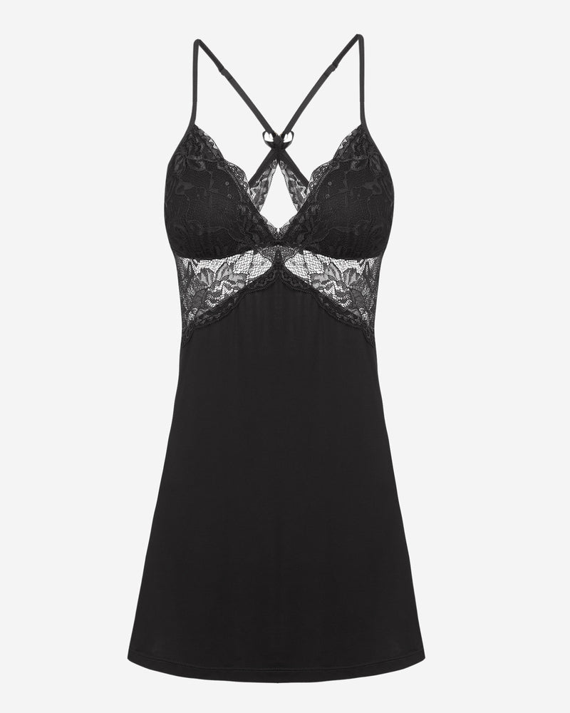 Black lace chemise lingerie with strappy V-neck bodice and knee-length flared skirt