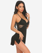 Black lace babydoll chemise with lace overlay cups and side slit hem