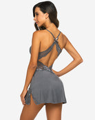 Gray lace lingerie dress with open back crisscross straps and floral lace at bodice