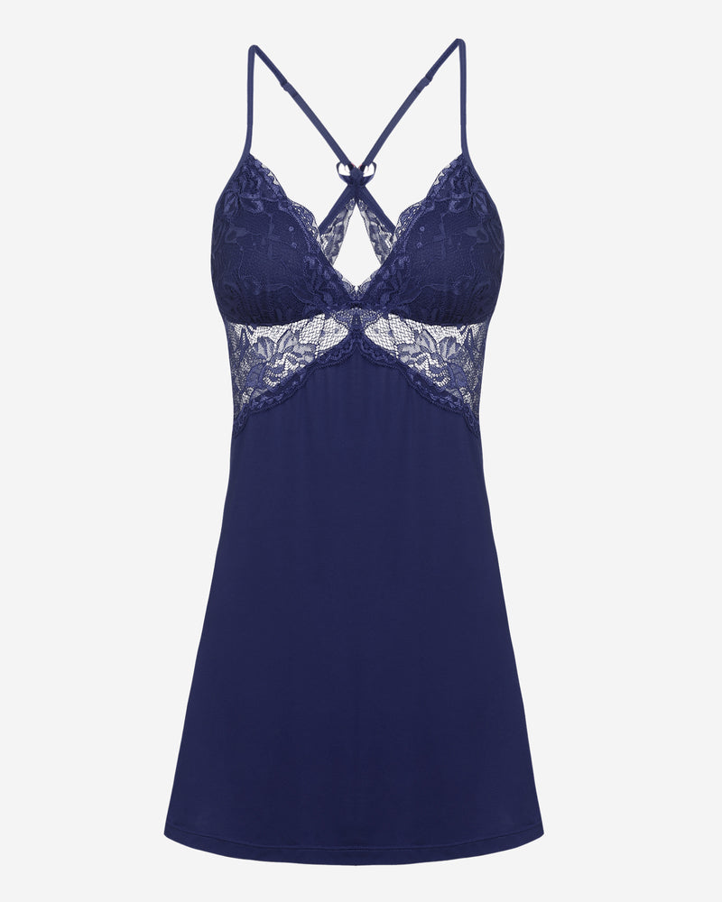 Navy lace chemise front view with V straps, lace bust overlay, and short A-line hem