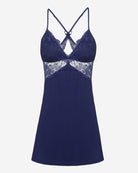 Navy lace chemise front view with V straps, lace bust overlay, and short A-line hem