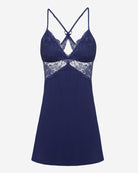 Navy lace lingerie slip dress with V-neck lace cups and open-back crisscross detail