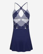 Navy lace chemise back view with crisscross straps and lace diamond cutout