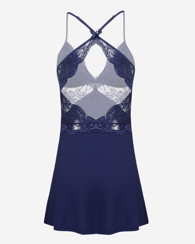 Navy lace lingerie dress with floral cutout bodice and crossed halter straps