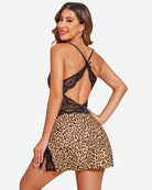 Leopard print lace chemise with black lace backless strappy detailing and flared hem