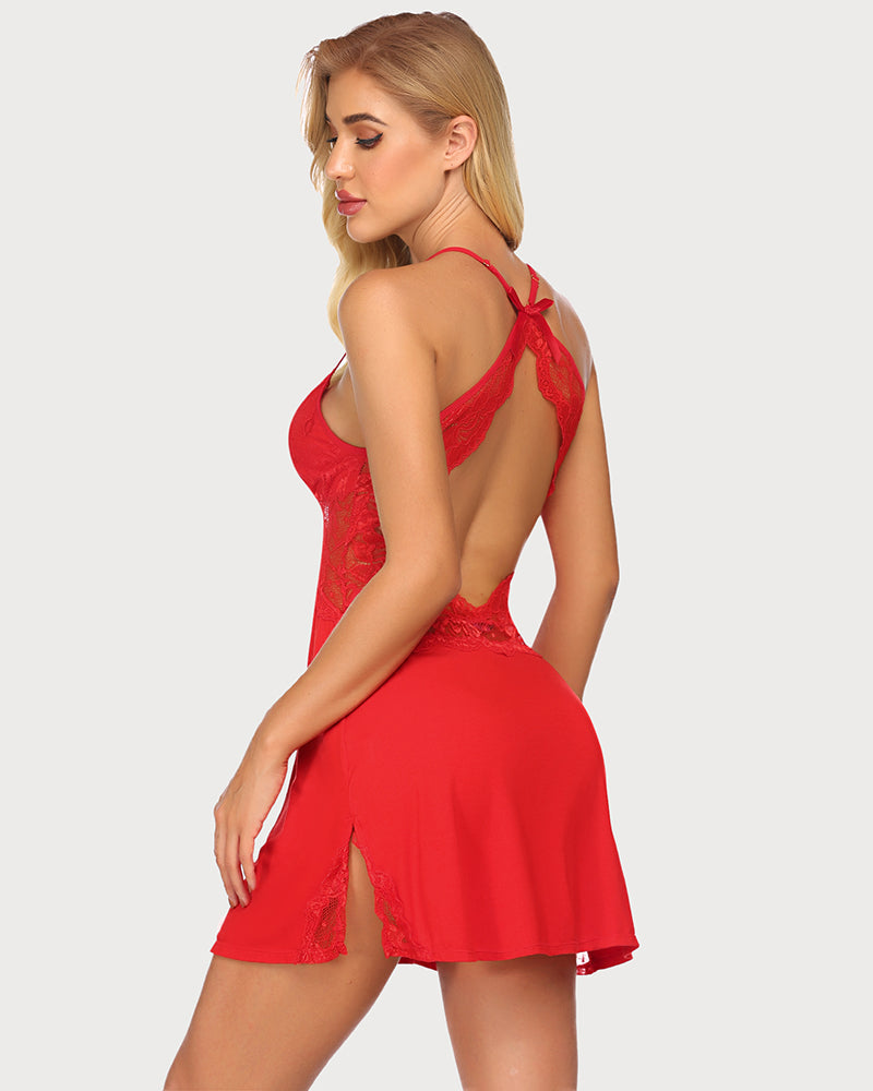 Red lace babydoll chemise with lace-trim open back and tie strap