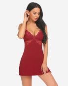 Wine red lace chemise with plunging V neckline and lace bust overlay, short slip hem