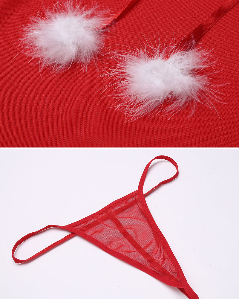 Red faux-fur trim babydoll with lace thong; close-up of hem and tie