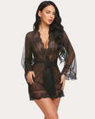 Black lace kimono robe nightgown with sheer mesh sleeves, V-neck lace, tie waist short