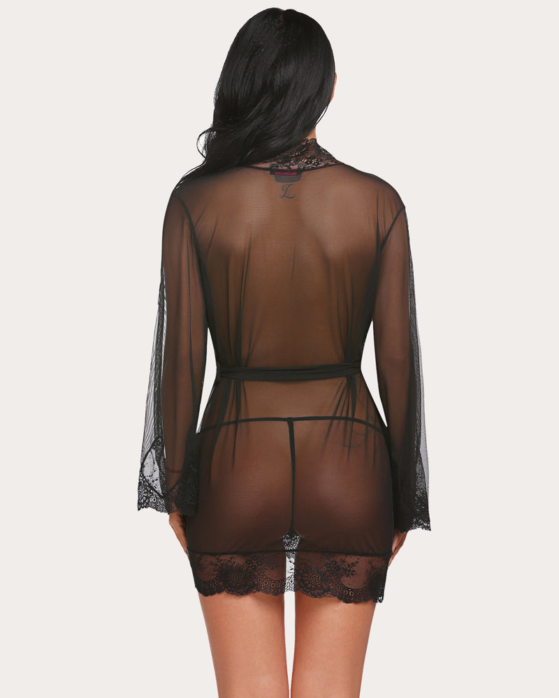 Black sheer mesh lace kimono robe nightgown, back view, tie waist and lace-trimmed hem