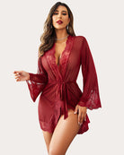 Dark red lace mesh kimono robe nightgown with V-neck and tied waist