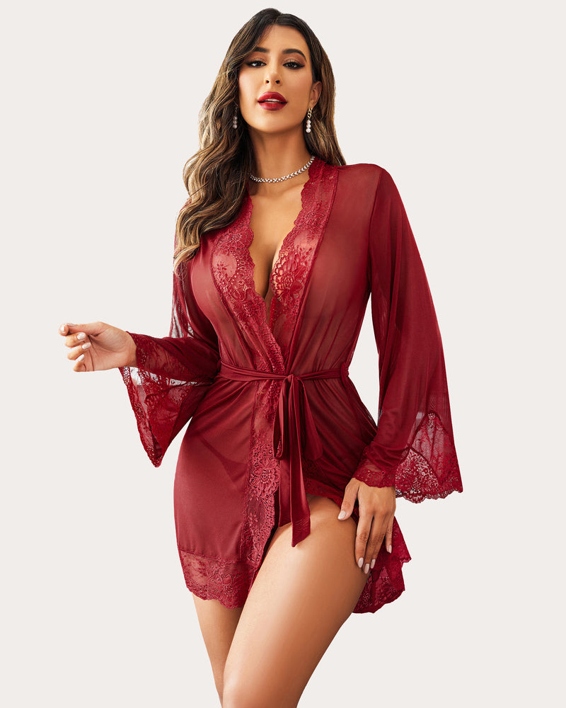 Dark red lace kimono robe nightgown with sheer sleeves, V-neck lace, tied waist, short hem