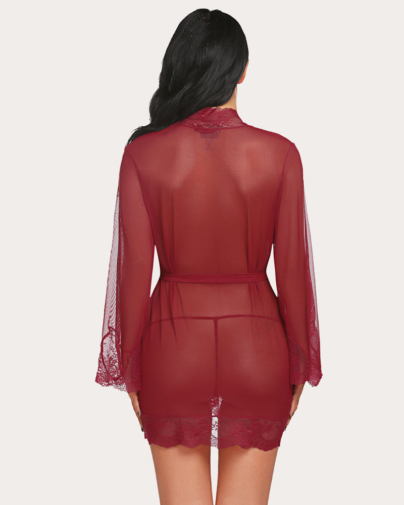 Dark red sheer mesh kimono robe nightgown with lace back hem and tie belt