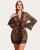Leopard print lace kimono robe with sheer mesh sleeves and black lace trim, tied waist