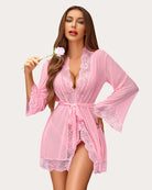Pink lace-trim mesh kimono robe with deep V neckline and tied waist, long flared sleeves