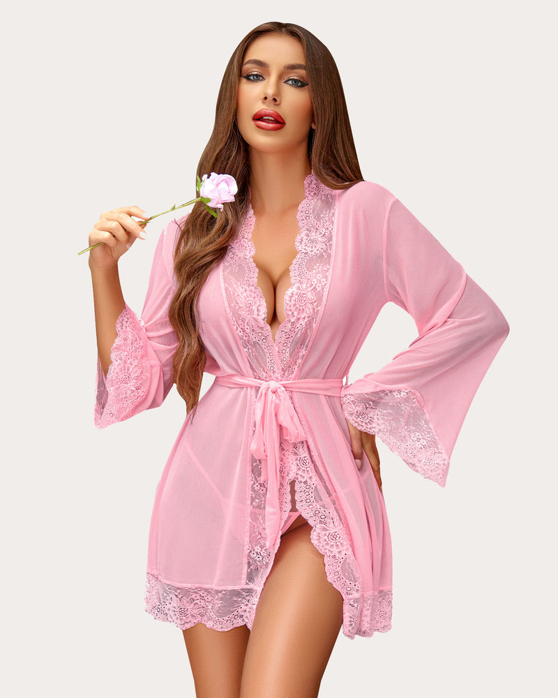 Pink lace-trim mesh kimono robe with deep V neckline and tied waist, long flared sleeves
