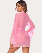 Pink sheer kimono robe with lace hem and tie waist, long sleeves, rear view