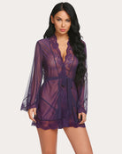 Purple lace-trim mesh kimono robe with deep V neckline and tied waist, lace hem