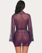 Purple mesh kimono robe nightgown from back, lace trim and tie waist, long sleeves.