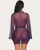 Purple lace-trim mesh kimono robe with tie waist and lace hem, rear view