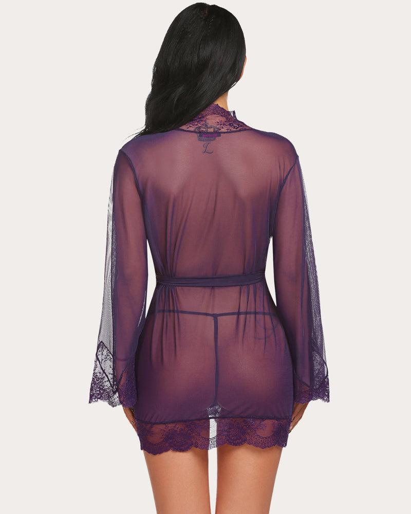 Purple lace-trim mesh kimono robe with tie waist and lace hem, rear view