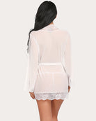 White lace kimono robe nightgown, back view, tied waist and lace-trimmed short hem