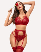Red lace lingerie set with underwire bra, thong, and garter straps