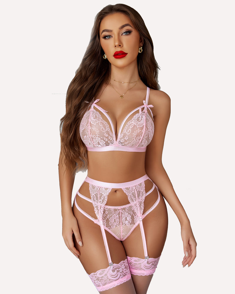 Pink lace lingerie set with lace-trim bra, high-cut thong, and garter straps
