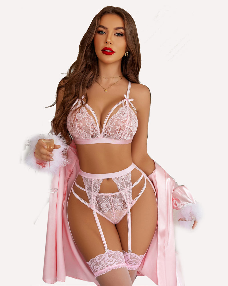 Pink lace lingerie set with lace bra, thong, and garter belt with leg straps