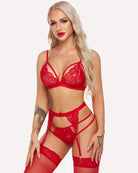 Lace strap lingerie set with garter belts, red lace bra and matching garter panties